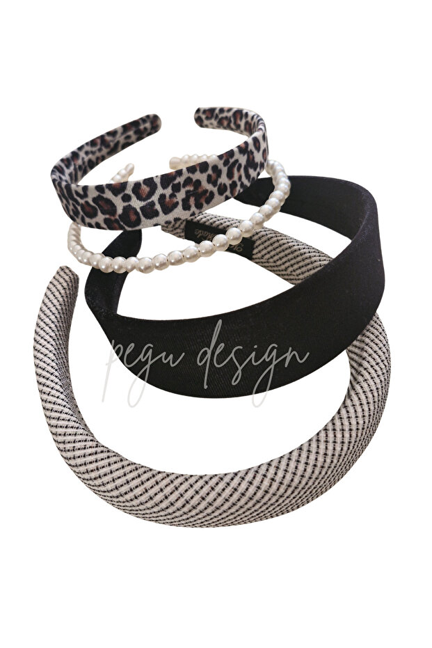 4-piece set: striped padded crown, leopard black velvet crown, pearl crown set