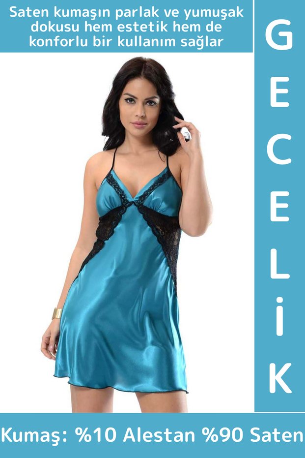 New Season Elegant Comfortable Charming Special Occasion Night Daily Women's Lace Satin Petrol Green Nightgown