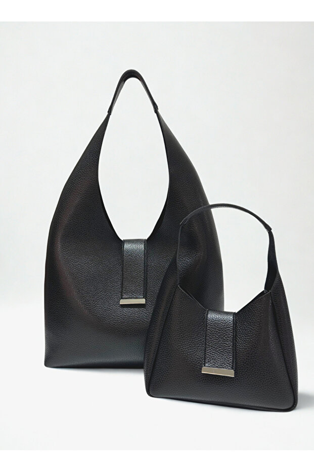 Women's Double Set Large and Small Size Snap Closure Black Shopper Tote Hand and Shoulder Bag