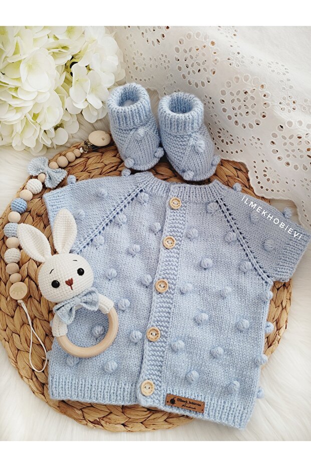 Welcome Baby Boy 6-9 Months Gift Set Vest-Booties-Pacifier Chain-Rabbit Rattle (Hand Knitted)