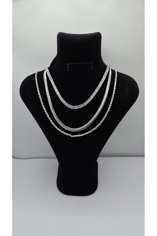 Stainless Steel Silver Color Italian Chain Waterway Model Zircon Stone 3-Piece Necklace