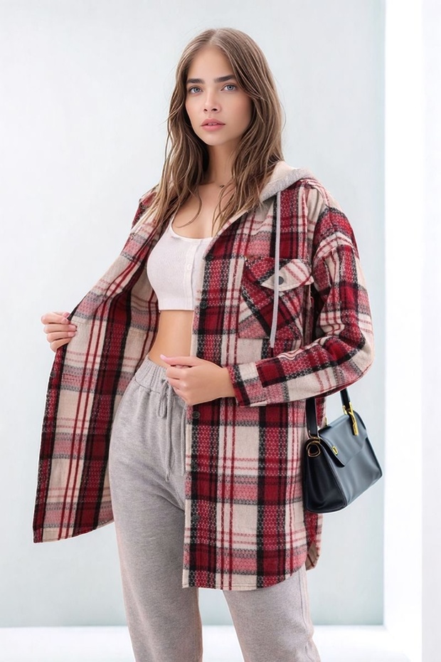 Women's Patterned Color-Block Flannel Oversized Wide-Fit Casual Pocketed Hooded Long-Length Shirt Jacket