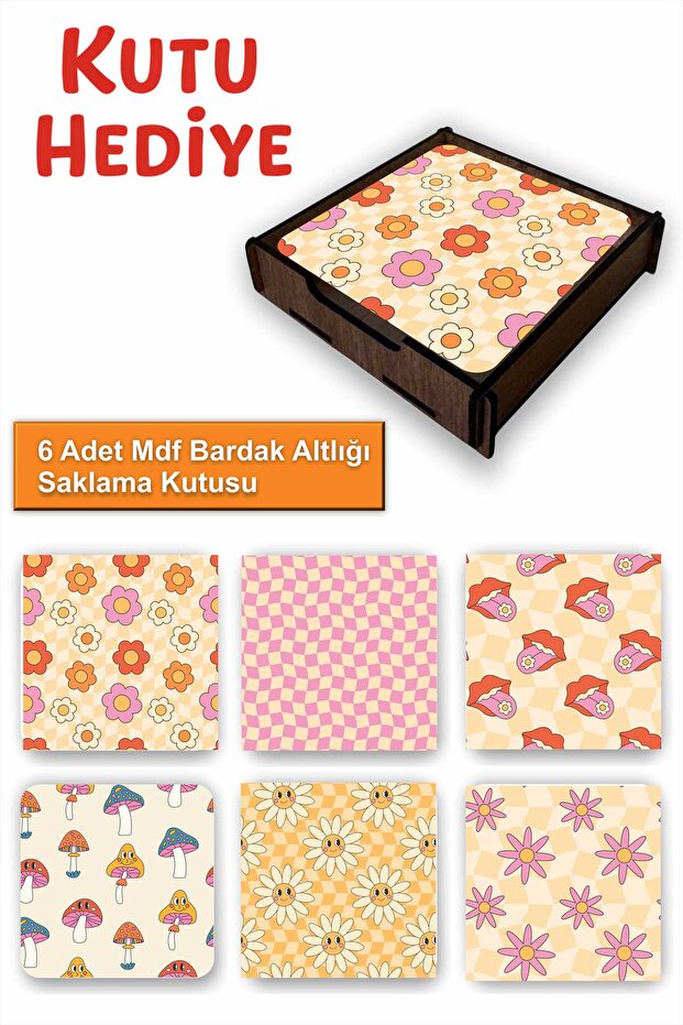 Fun Colorful Set of 6 Mdf Coasters | Colorful Pop Art Design | Wooden Box with Gift