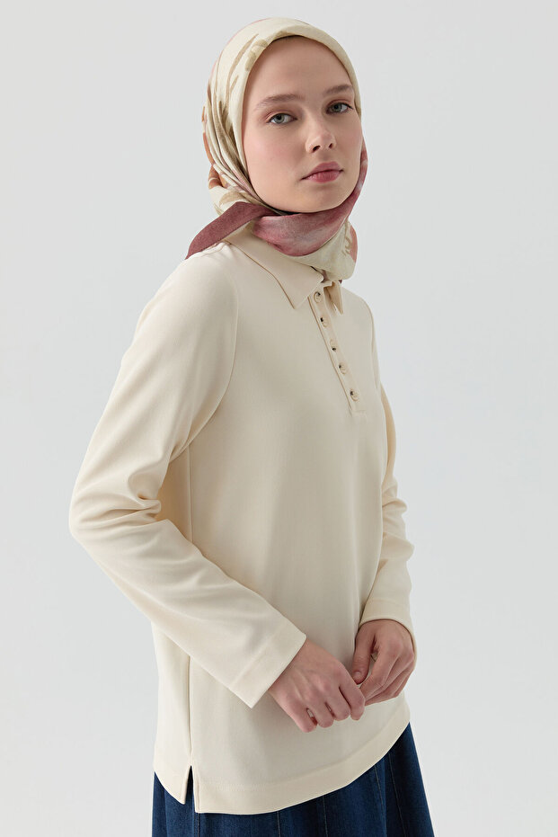 Polo Yaka Örme Bluz - Ekru - 2