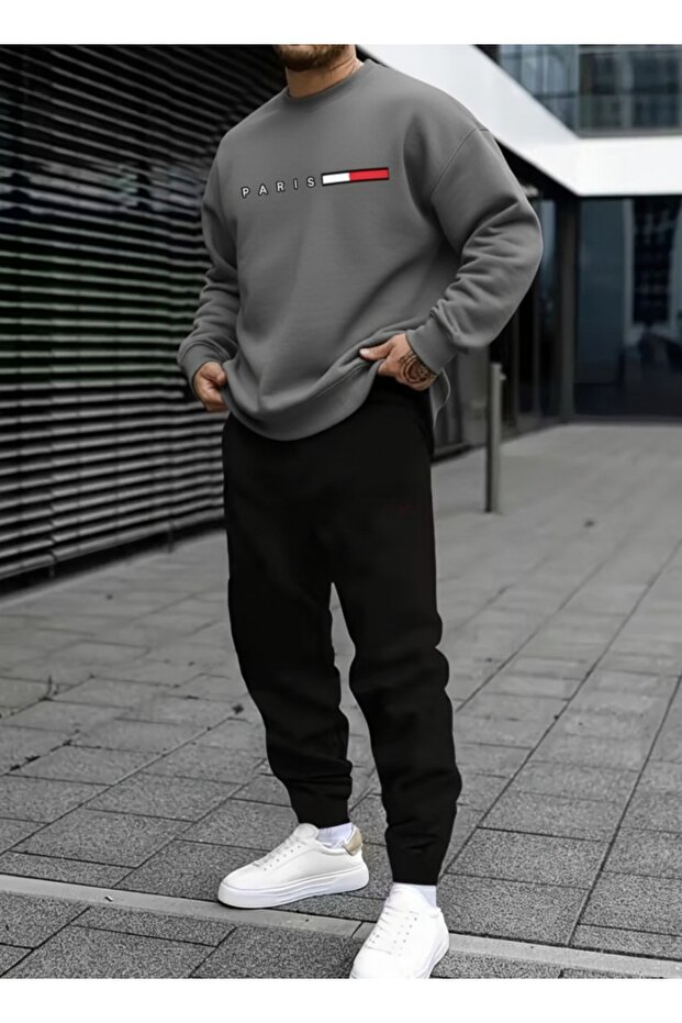 Unisex Paris Printed Horizontal Design Crew Neck Regular Sweathirt