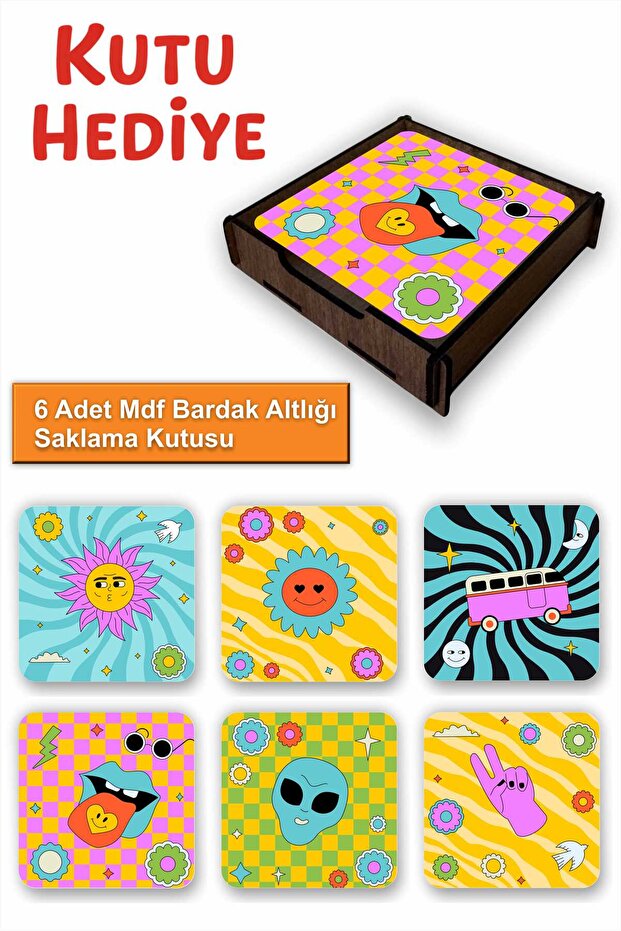 Fun Colorful Set of 6 Mdf Coasters | Colorful Pop Art Design | Wooden Box with Gift