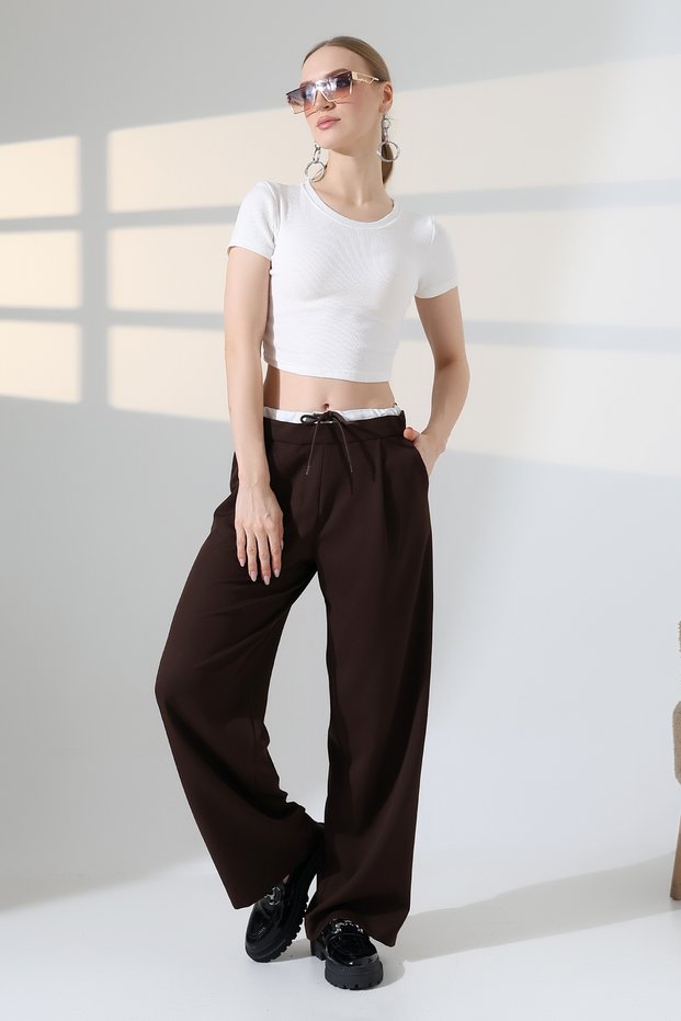 Wide Leg Fabric Palazzo Pants / White Garni Detailed with Lace-Up at the Waist and Ferumar Closure