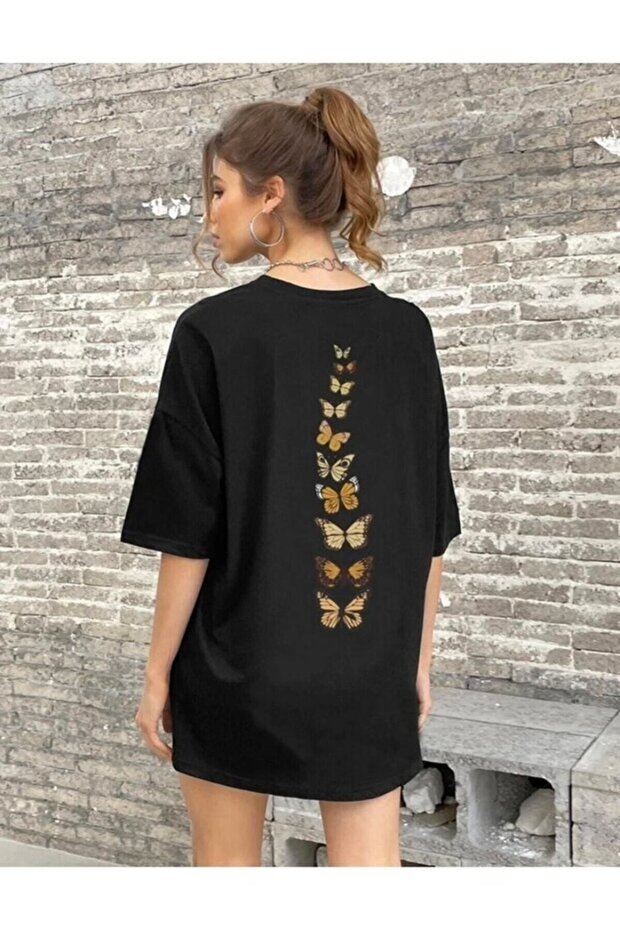 Women's Butterflies Back Printed Oversized Black T-Shirt