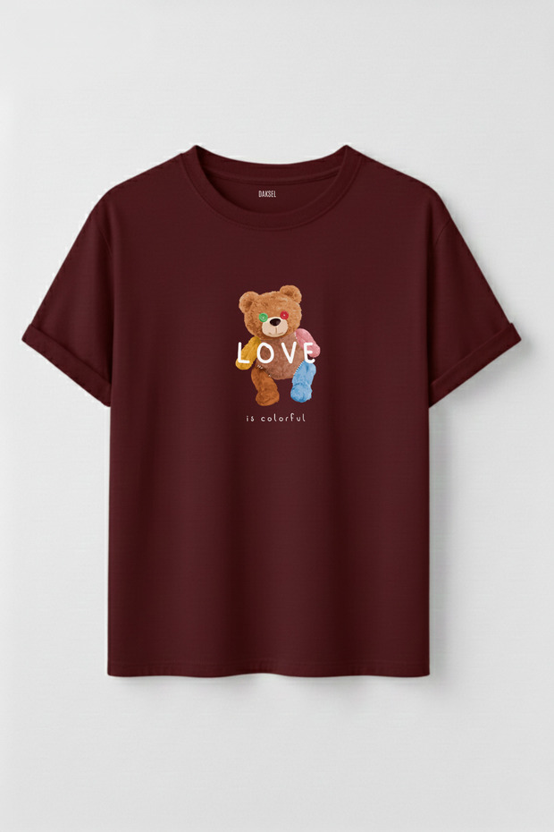Unisex Love Is Colorful Patched Teddy Bear Printed 100% Cotton Design T-Shirt