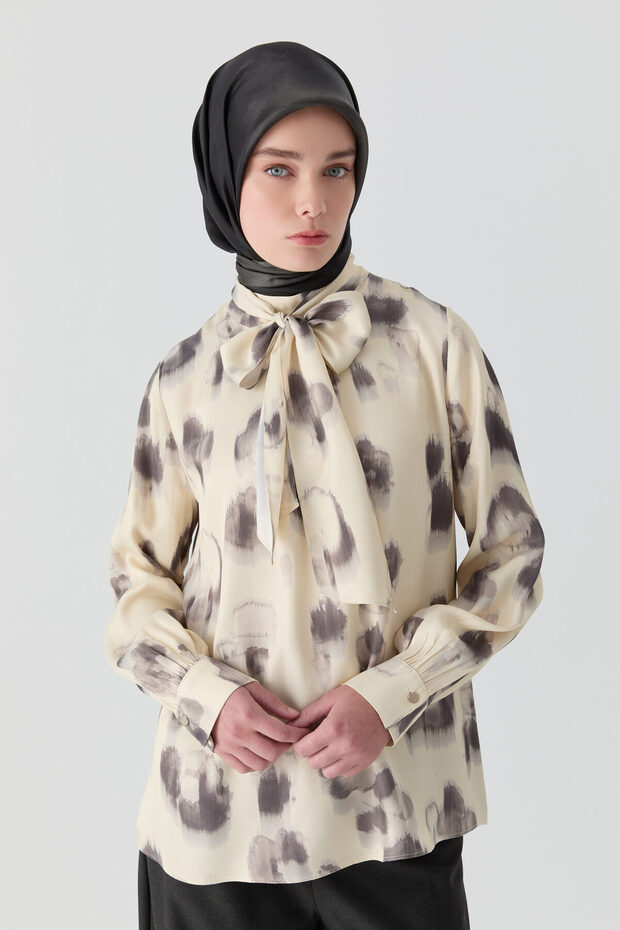 Fırça Desenli Bluz - Krem - 3