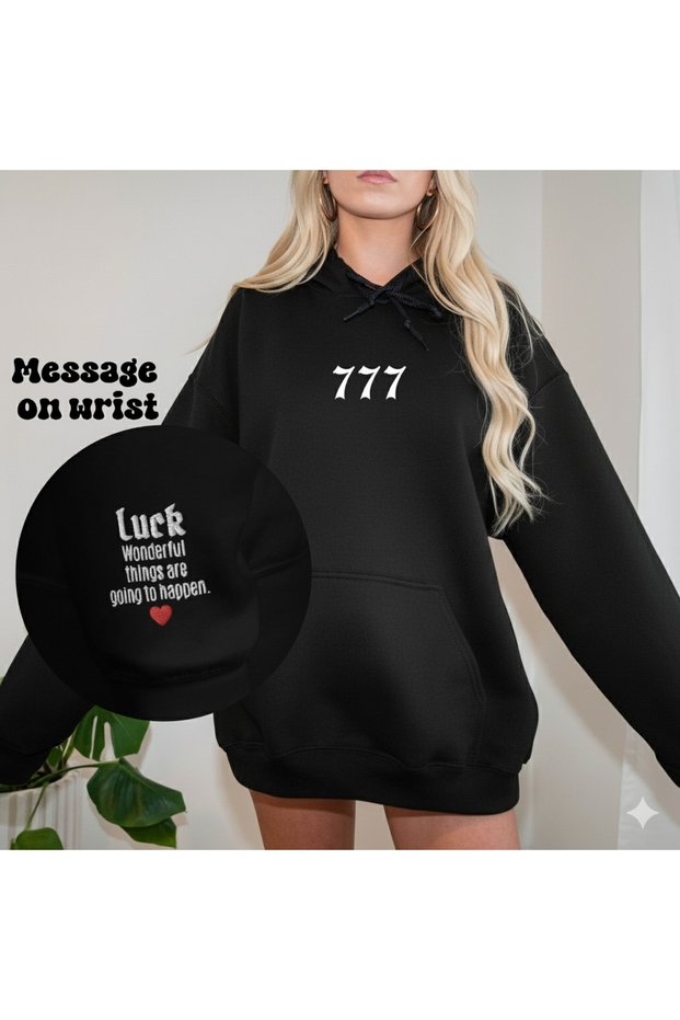 Unisex 777 Printed Sleeve Print Detailed Hooded Oversized 3 Thread Fleece-Lined Loose Fit Hoodie Sweatshirt