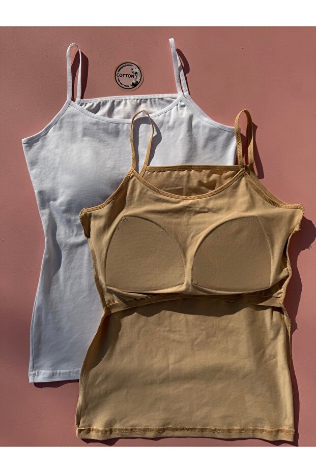Women's 2-Piece Cotton Undershirt Set with Bra and String Straps – Skin, White