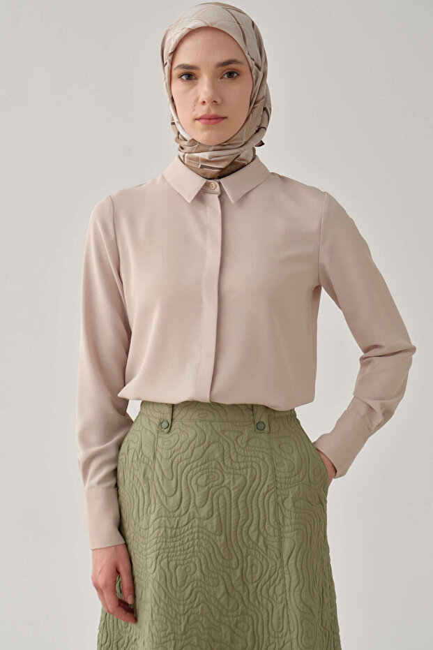 Gizli Patlı Basic Gömlek - Bej - 6