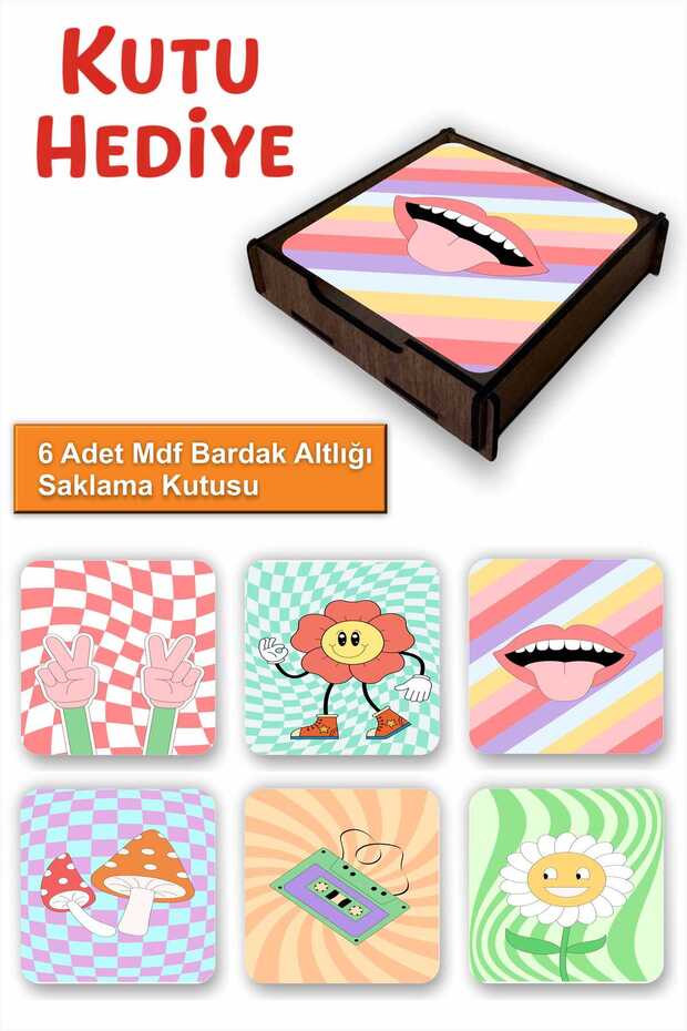 Fun Colorful Set of 6 Mdf Coasters | Colorful Pop Art Design | Wooden Box with Gift