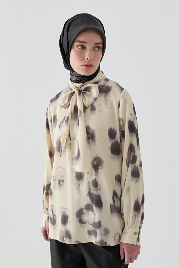 Fırça Desenli Bluz - Krem - 1