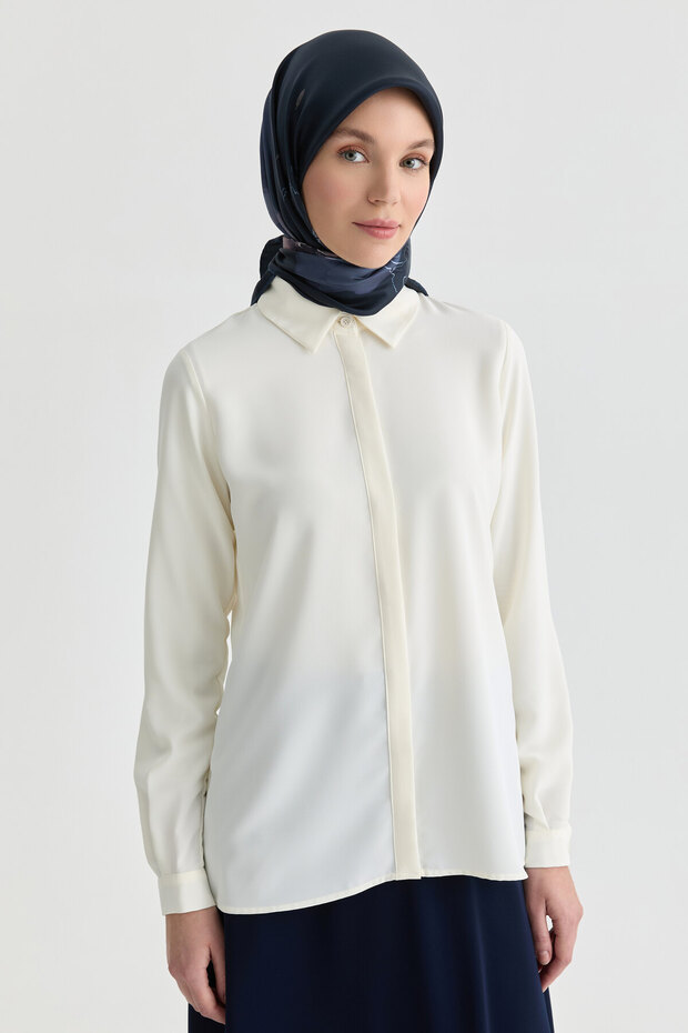 Basic Gizli Patlı Gömlek - Ekru - 2
