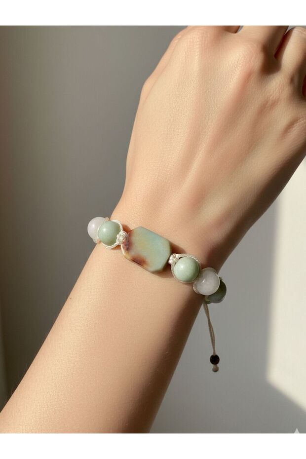 Moonstone & Amazonite Natural Stone Adjustable Macrame Bracelet | Emotional Balance & Feminine Energy