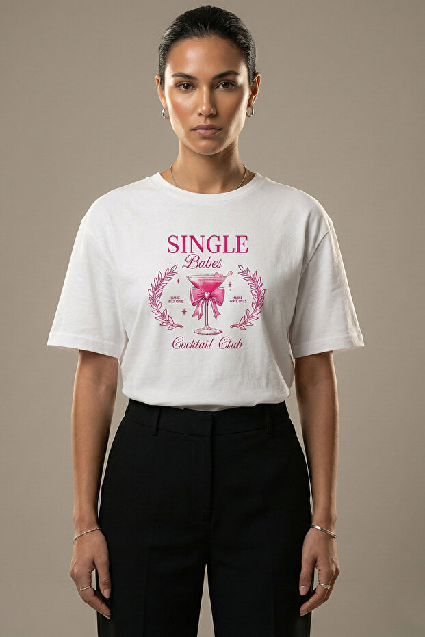 Women's White Single Babes Cocktail Club Printed 100% Cotton Oversized Crew Neck T-Shirt