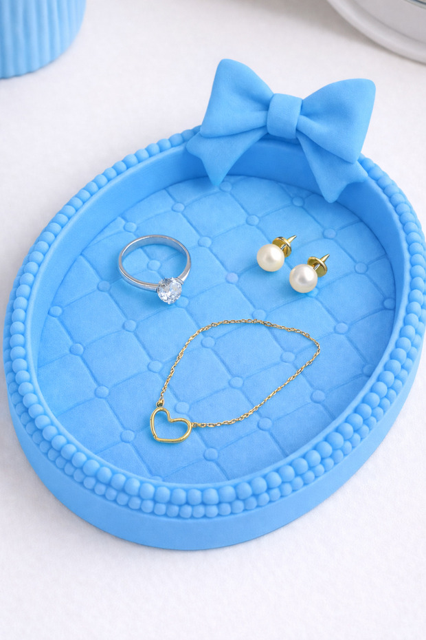 Quilted Jewelry Tray with Bow Detail – Coquette Style Decorative Catchall