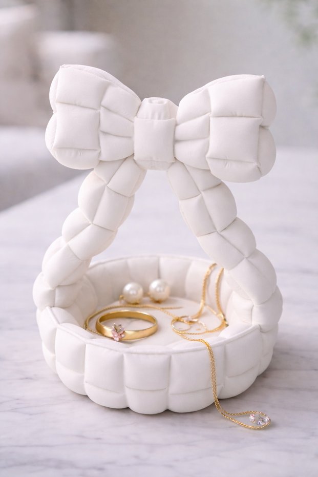 Quilted Jewelry Basket with Bow Detail – Coquette Style Decorative Catchall Tray