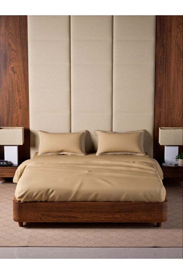 Flat Bed Sheet 100% Cotton 500 Thread Count - Queen Size - Beige with 2 Pillow Cover