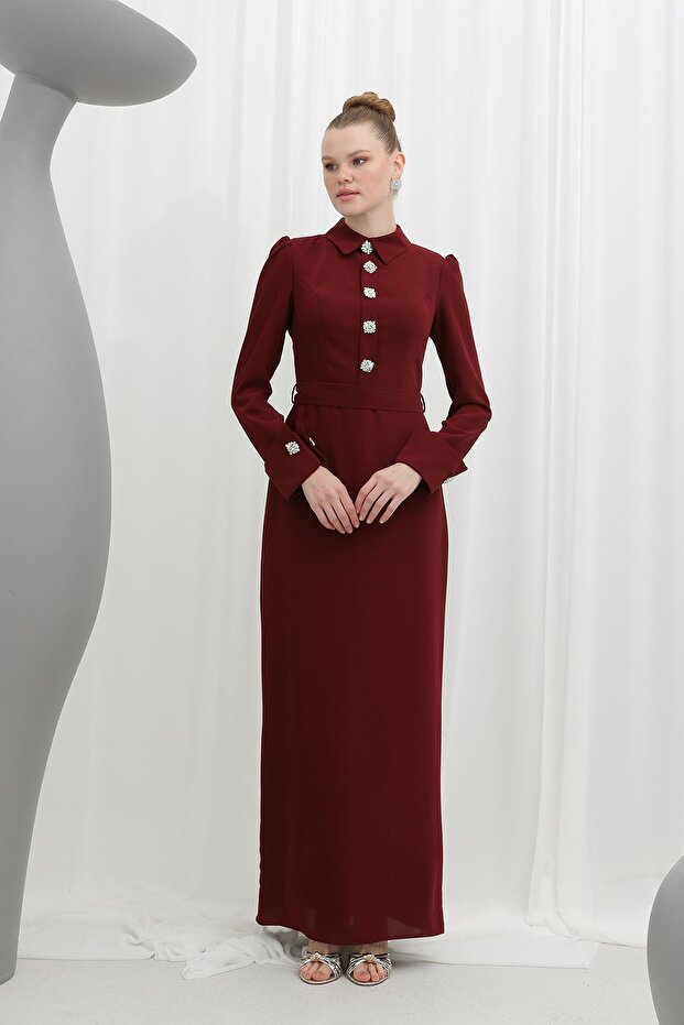 Women's Timeless Elegans Stone Detailed Mono Evening Dress 17009