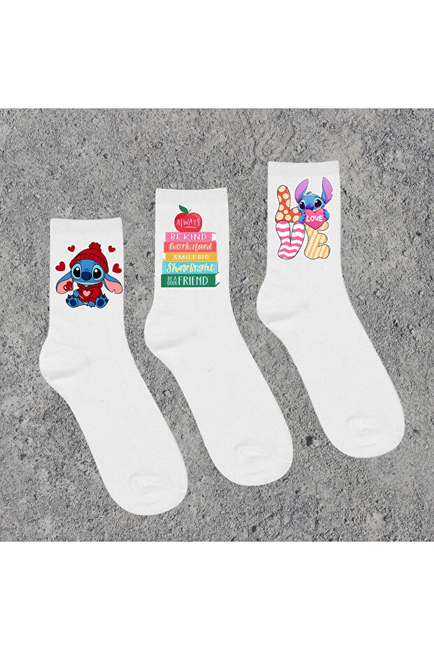 Stitch & Angel & Labubu & Cupcake Printed White School Socks