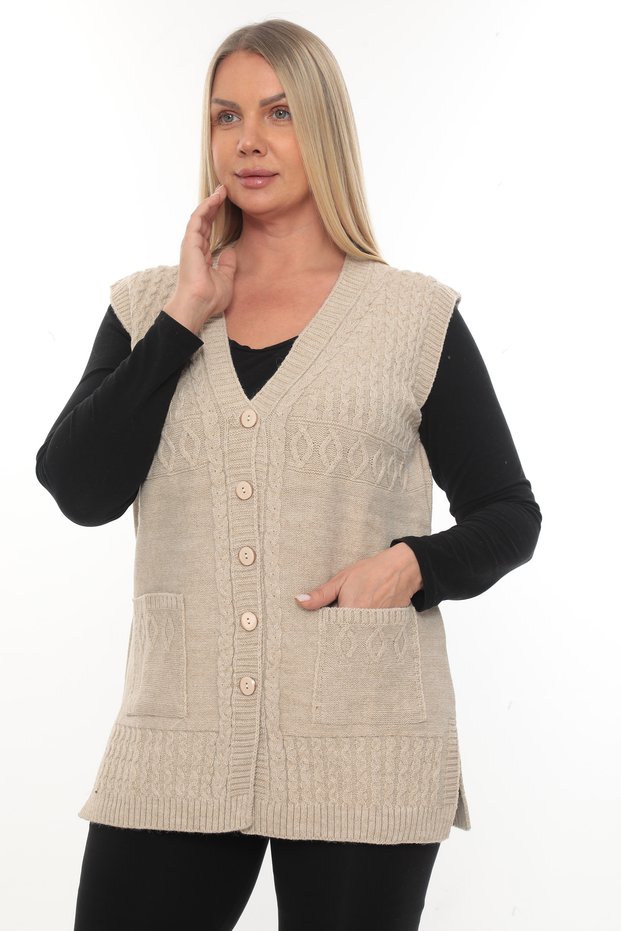 Women's Buttoned Pocketed V-Neck Knitted Wool Mother Knitwear Winter Vest