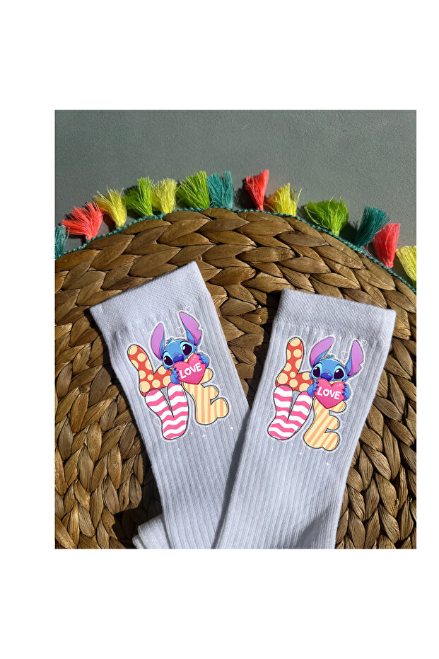 White Stitch Love Printed Knee-High School Socks
