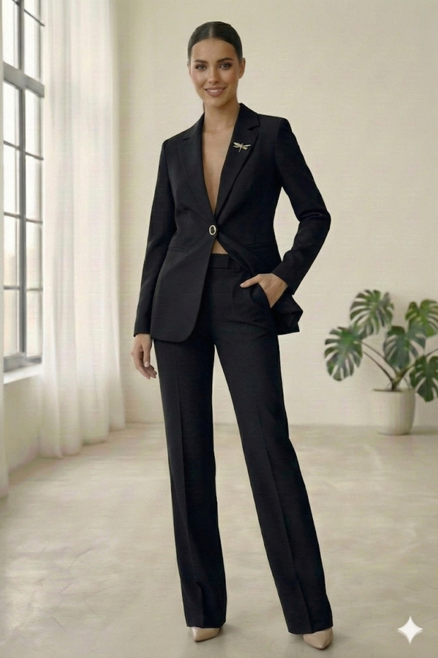 Women's Black Lined Single-Button Blazer Jacket & Fabric Trousers Suit