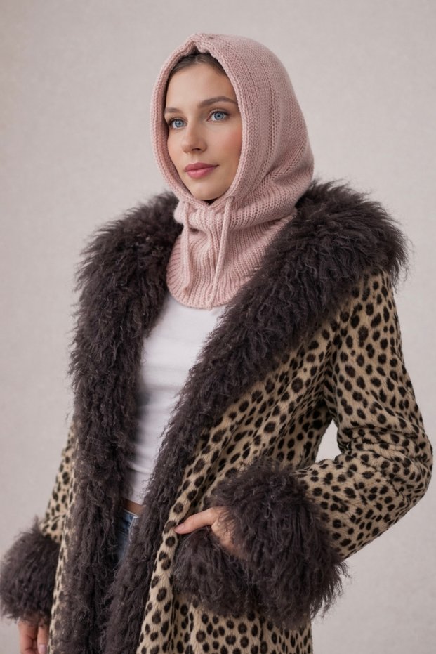 Balaklava Pink Knitwear Corded Fabric Knitted Beanie Headgear - Lace-Up Hooded Balaclava