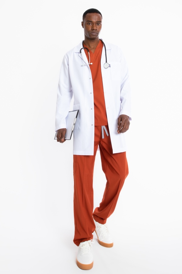 White Lycra Long Length Classic Collar Men's Doctor Nurse Teacher Lab Coat