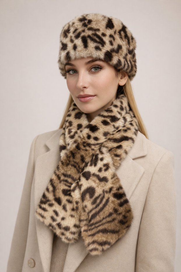 Kalpak and Scarf 2-Piece Set Plush Set Leopard - Hat Neck Warmer Premium Soft Winter