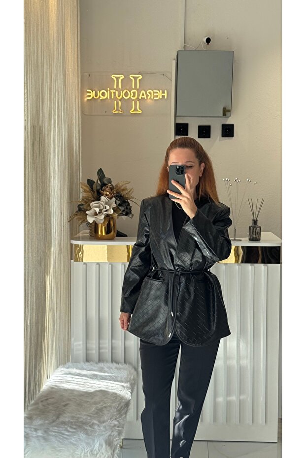 Kuşaklı deri ceket - 3