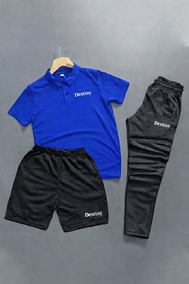 Polo Yaka Destiny Printed 3-Piece Shorts and Sweatpants Set