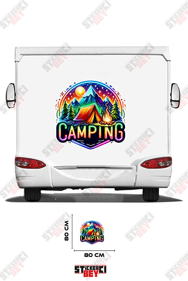 ملصق كرفان مطبوع عليه عبارة 'CAMPING' وصورة 'CAMPING AND TREE'