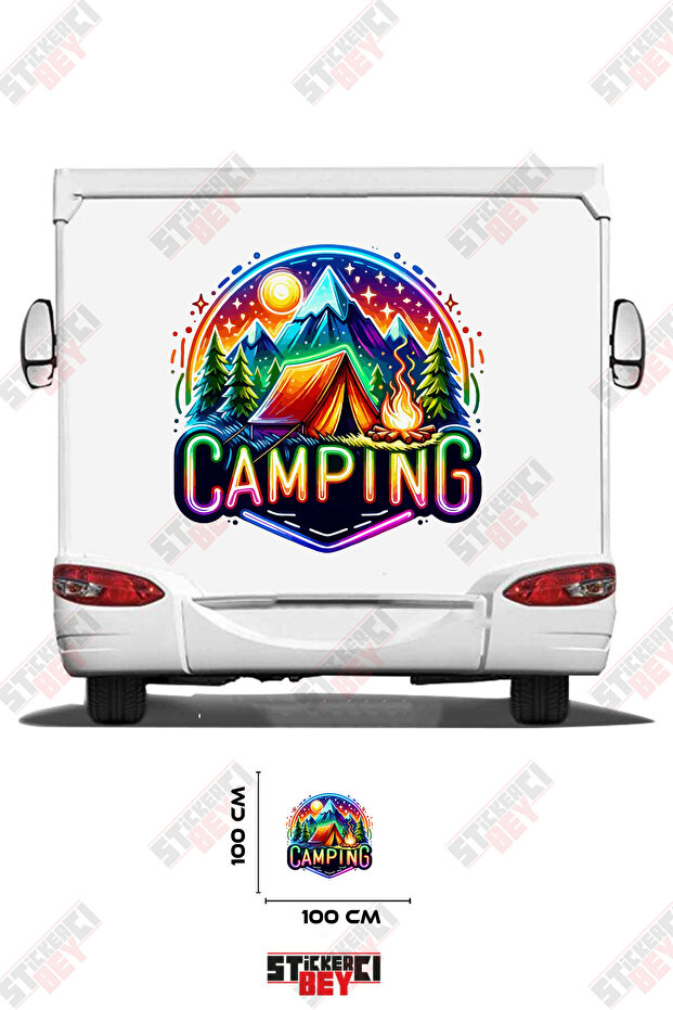 ملصق كرفان مطبوع عليه عبارة 'CAMPING' وصورة 'CAMPING AND TREE'