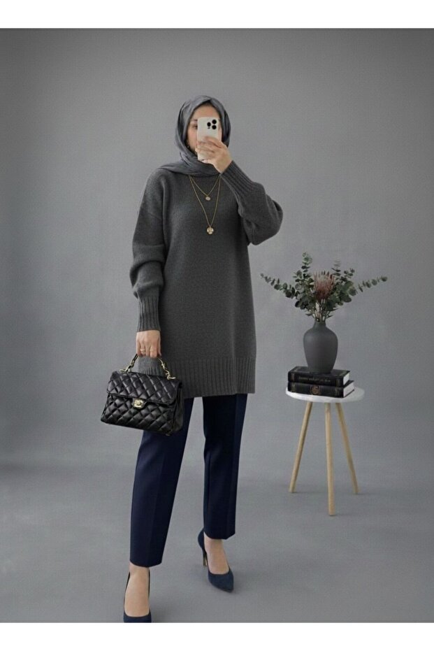 Anthracite Crew Neck Oversized Women's Knitwear Sweater Tunic