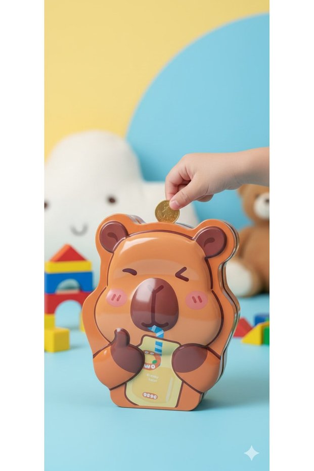 Metal Money Box with Lock for Kids Cute Capybara Design Children's Room Decorative Piggy Bank