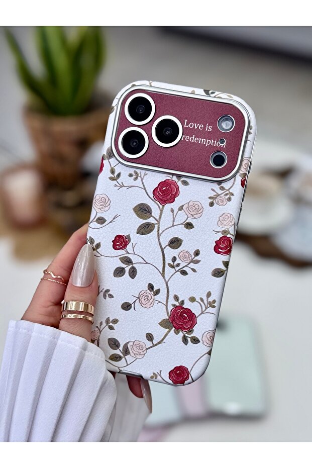iPhone 17 Promax Compatible Plated Camera Print Rose Design Patterned Silicone Case