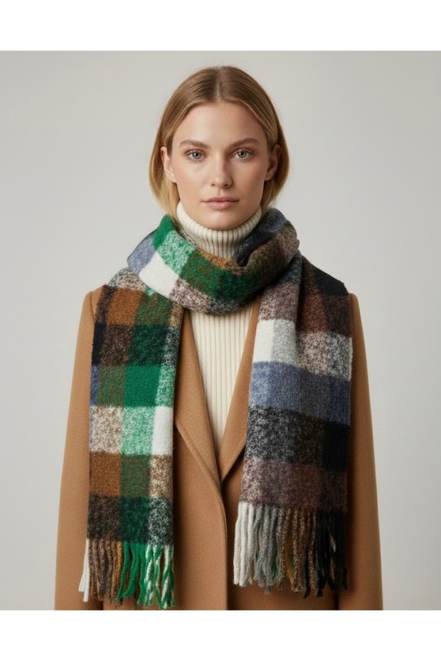 Women's Scarf with Tassels Square Pattern - Boucle Shawl Thick Winter Soft