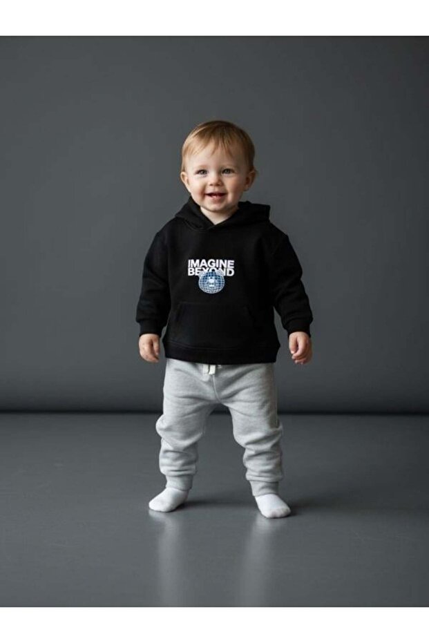 Boy's Teddy Bear Patterned Hooded Tracksuit Set