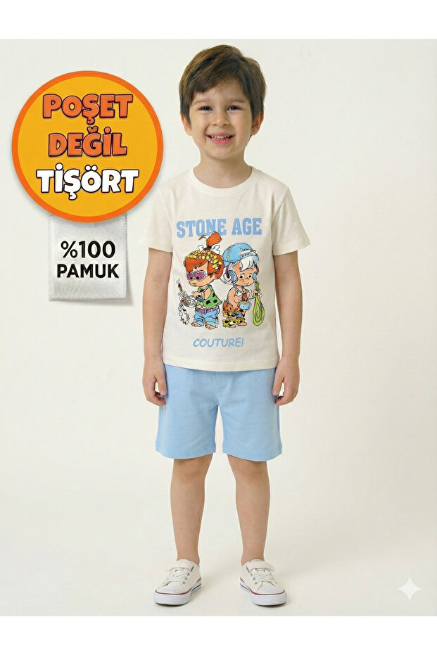 Stone Age Printed 100% Cotton Boys T-Shirt and Shorts Set