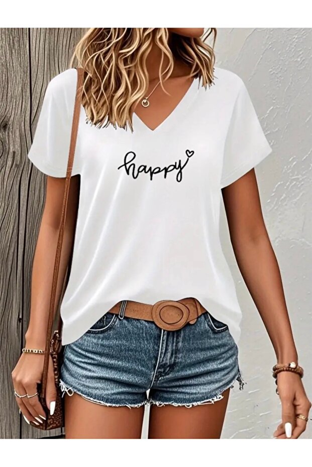 Happy Heart Printed Women's Oversize V-Neck T-Shirt