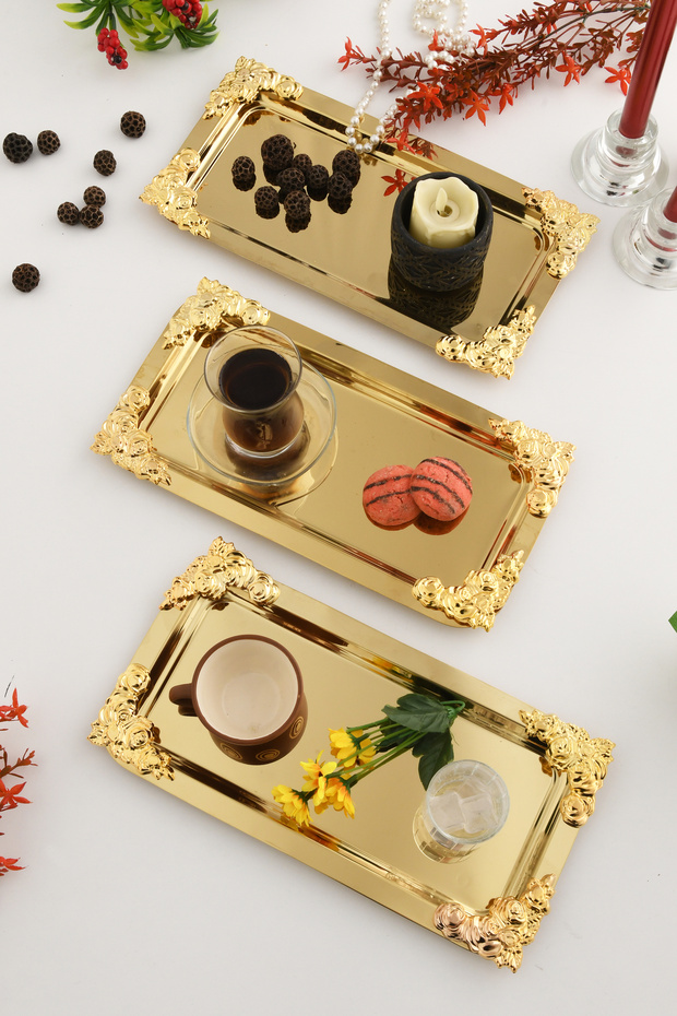 Molisi Gold 3-Piece Gold Ornament Detailed Boat-Shaped Coffee Presentation Tray Serving Tea Tray Decorative Tray