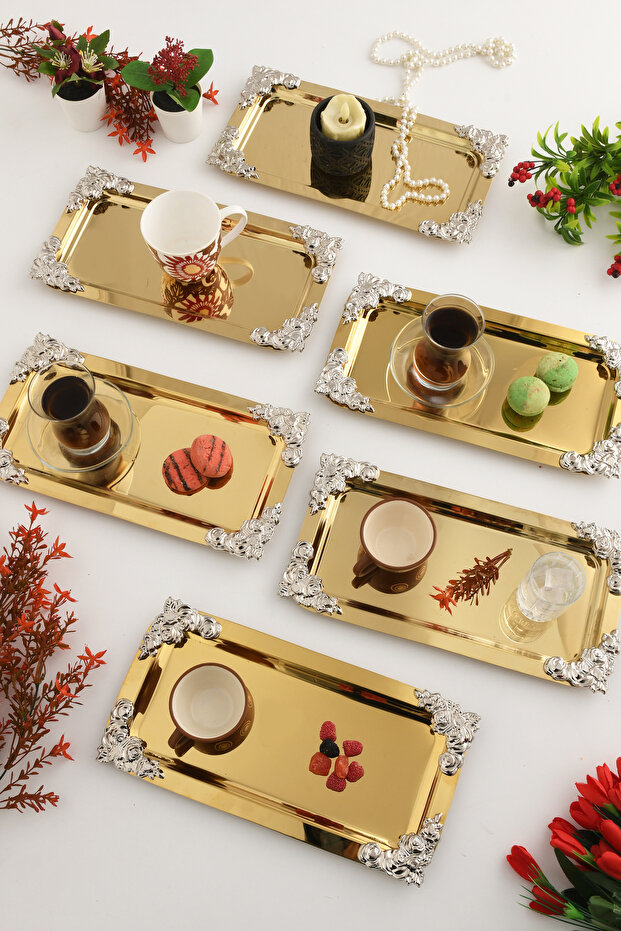 Molisi Gold 6-Piece Silver Decorative Detailed Boat-Shaped Coffee Serving Tray Service Tea Tray Decorative Tray