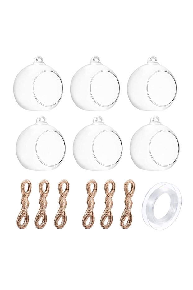 Hanging Glass Globe Candle Holders Set of 6 with Jute Twine & Wire for Tealights Decor, -8cm