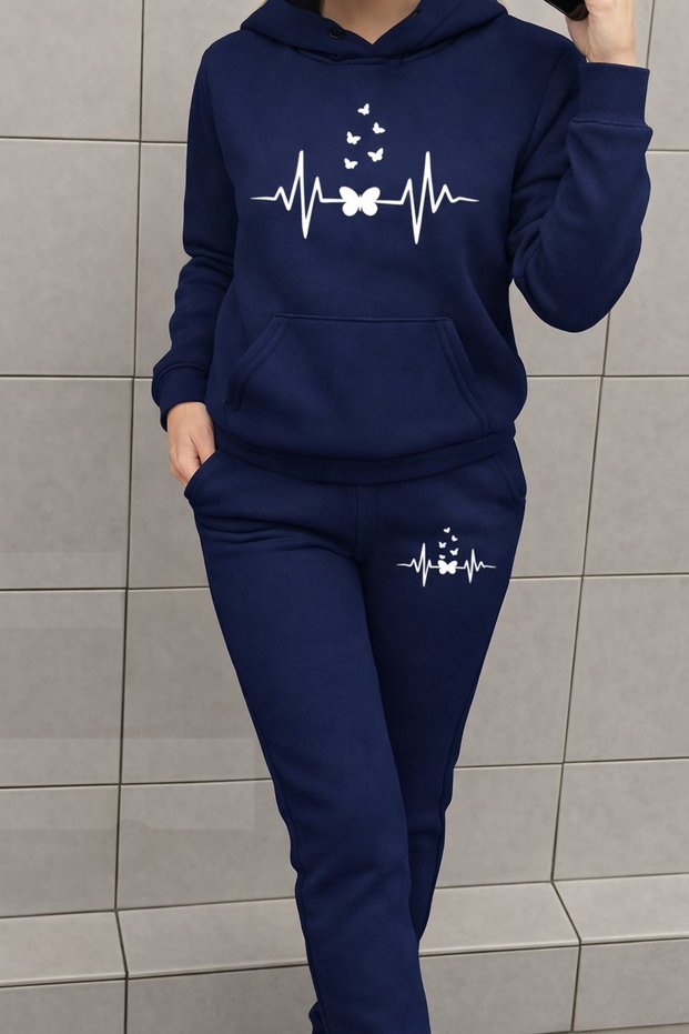 Heart Rhytym Love Printed Hooded Sweatshirt and Sweatpants Tracksuit Set