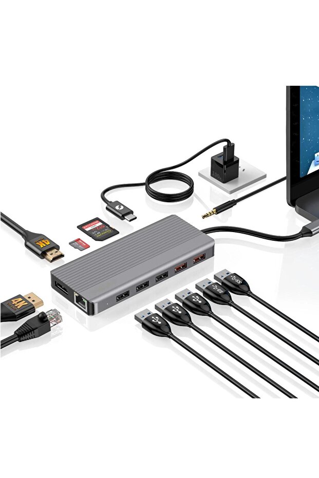 12-in-1 USB-C Hub with Dual 4K HDMI & DP, Ethernet, 100W PD, SD Card Reader