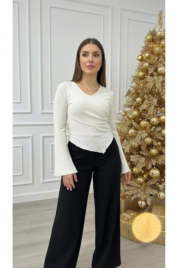New Season Women's Crew Neck F Corded Fabric Blouse 14
